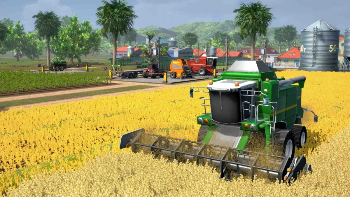 Farm Manager World na PS5 - kombajn zbierający plony na dużym polu uprawnym w nowoczesnym gospodarstwie