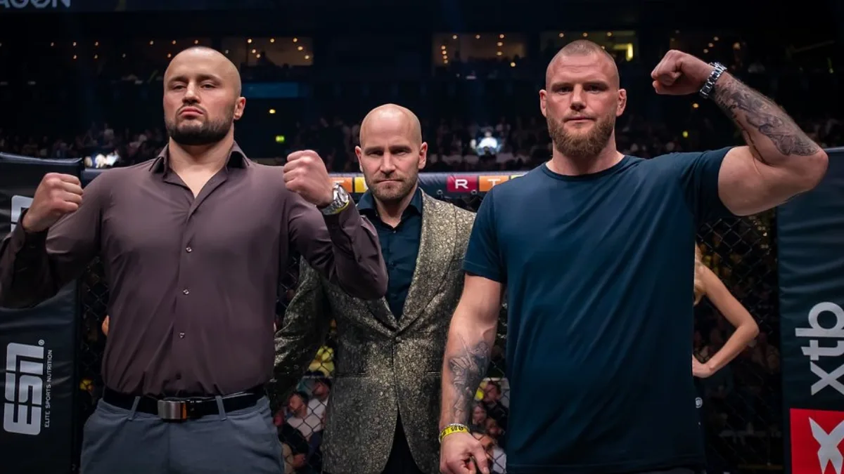 Tomasz Narkun i Alexander Poppeck podczas face-off przed walką na gali OKTAGON 86